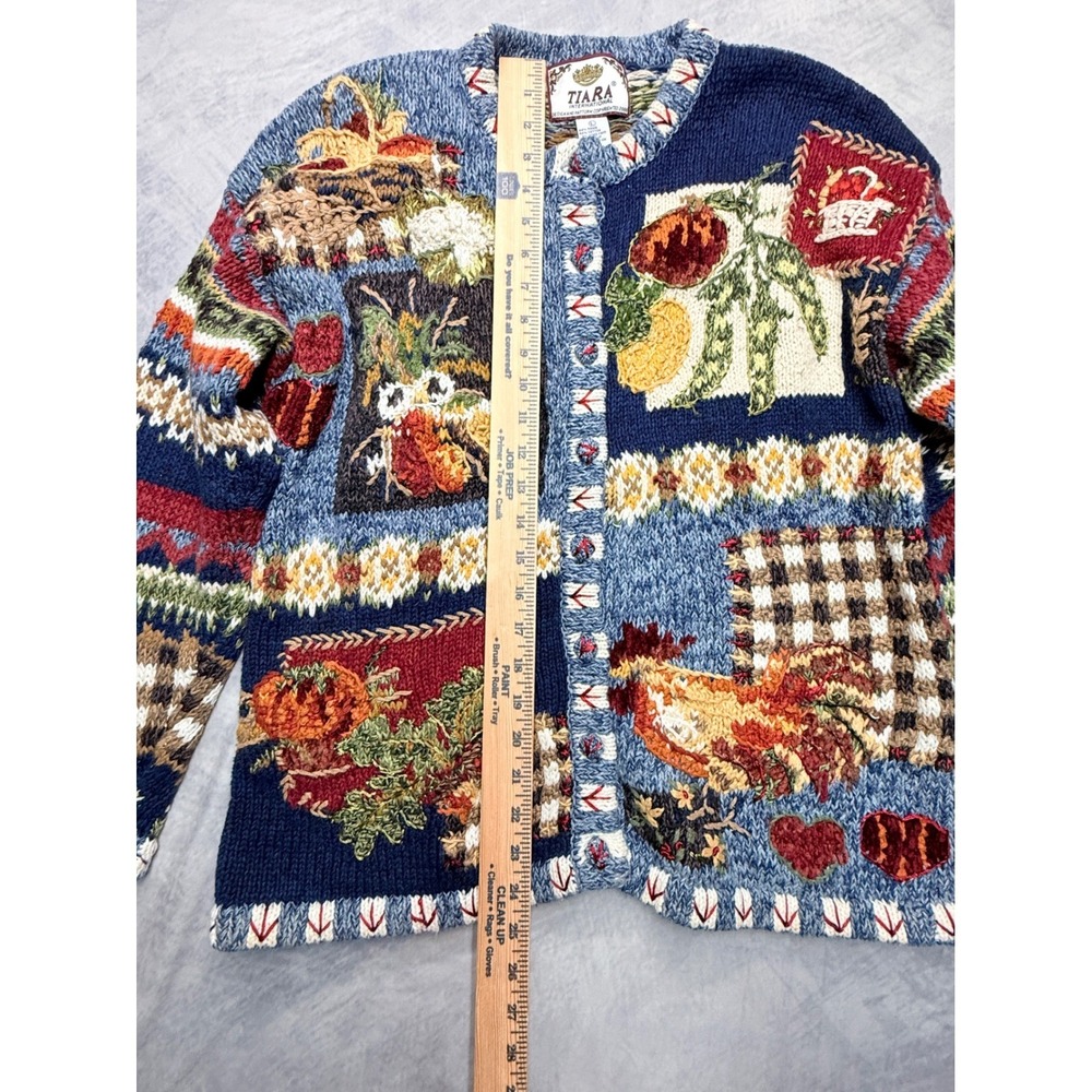 Vintage Chunky Sweater Farm Harvest Rooster Heavy Knit Cardigan sz L - Picture 11 of 12